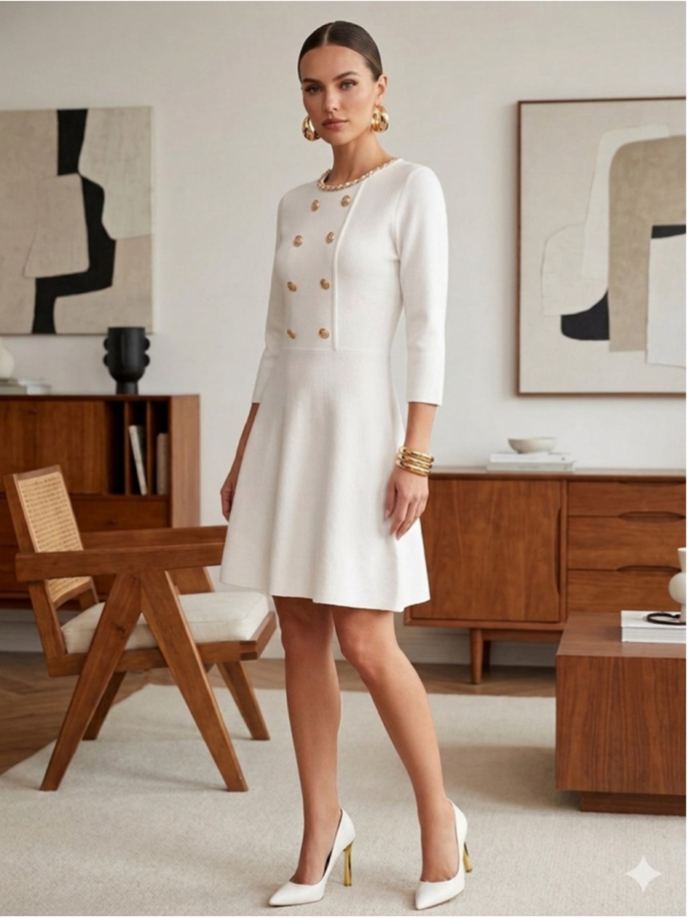 BCX Dress Medium Ivory White Knit A-Line Gold Chain Neck Military Button Modern